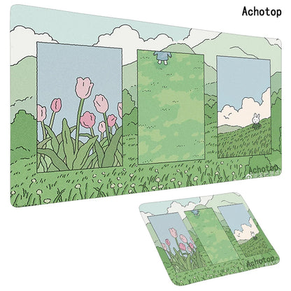 Cute Large Gaming Keyboard Mouse Pad XL Green Botany Computer Gamer Tablet Pad Mousepad with Edge Locking Rubber Play Mice Mats