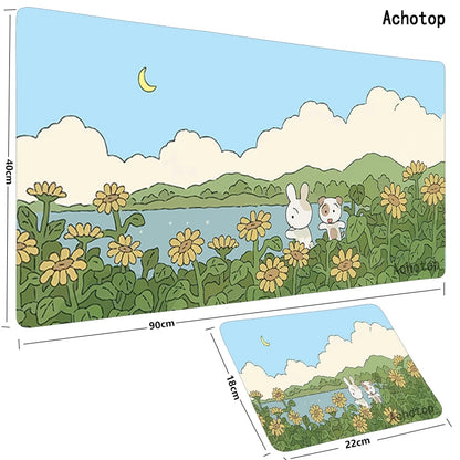 Cute Large Gaming Keyboard Mouse Pad XL Green Botany Computer Gamer Tablet Pad Mousepad with Edge Locking Rubber Play Mice Mats