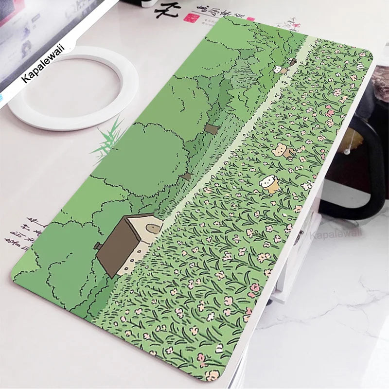 Cute Large Gaming Keyboard Mouse Pad XL Green Botany Computer Gamer Tablet Pad Mousepad with Edge Locking Rubber Play Mice Mats
