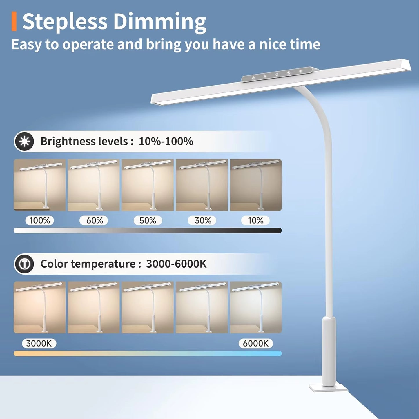 EyeComfort LED Desk Lamp with Clamp – 3 Color Modes & Stepless Dimming